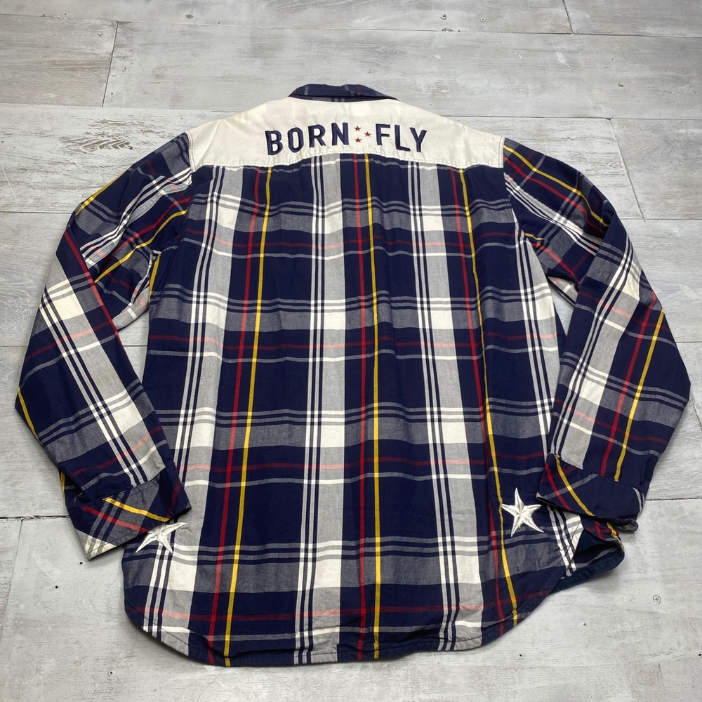 Born Fly Plaid Button Down Shirt Mens 2XL Navy Blue Streetwear Star Embroidered